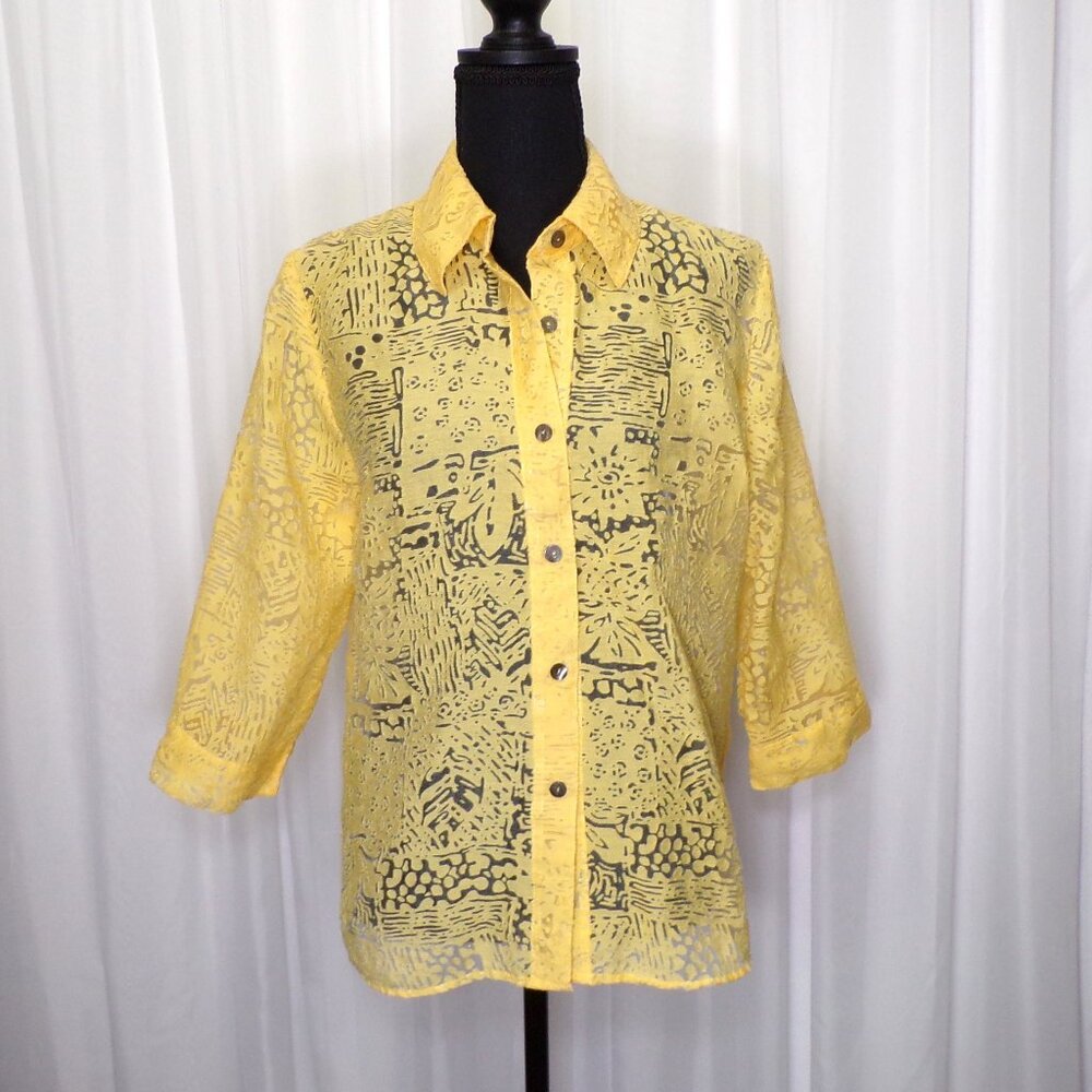 White Stag Yellow Burnout Top Women size M 8/10 Button Up Slits Buttercup Summer